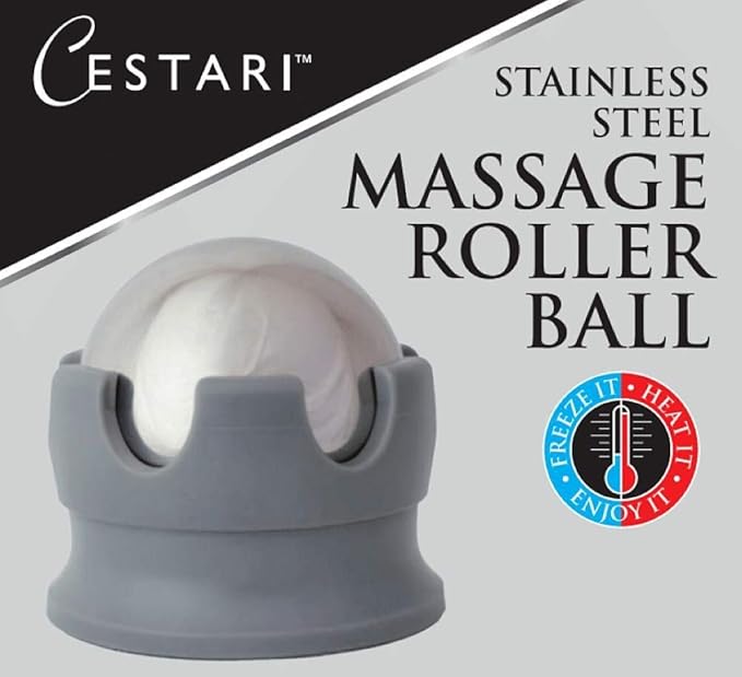 Cestari Stainless Steel Ice Hot Cold Roller for Pain Relief, Foot Massage Ball with Silicone Holder, HSA Muscle Roller, Gray-Ruum Studio Home