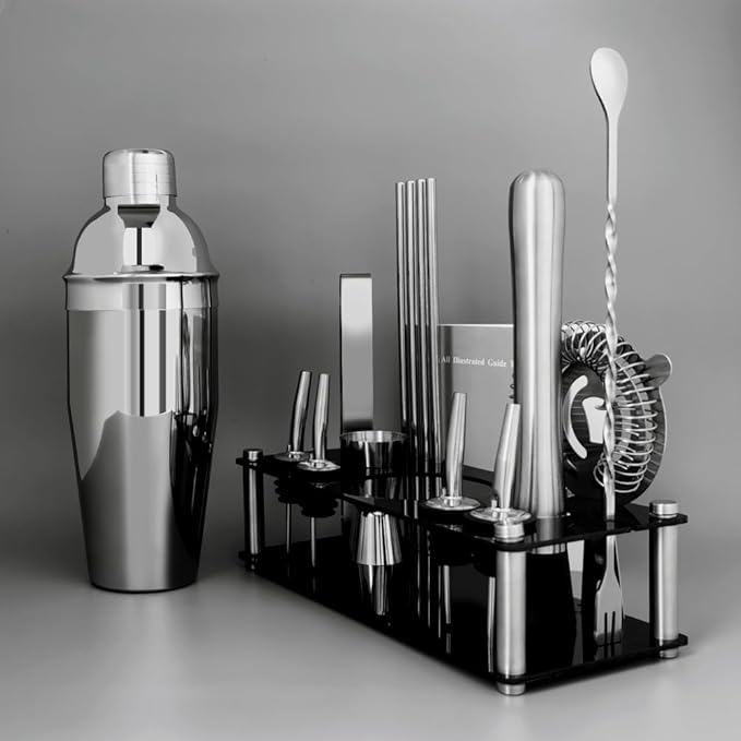 14-Piece Cocktail Shaker Set Bartender Kit with Black Stand, Bar Tool Set for Drink Mixing Bartending Kit Bar Sets Accessories: 750ml(25oz) Shaker, Jigger, Muddler, Cocktail Recipes (Silver)-Ruum Studio Home