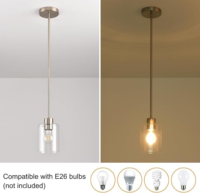 Brushed Nickel Pendant Lights Kitchen Island - Clear Glass Pendant Light Fixture Multiple Stems Rods 3 Units 12 Inch 3 Units 4 Inch (3 Pack Brushed Nickel)-Ruum Studio Home
