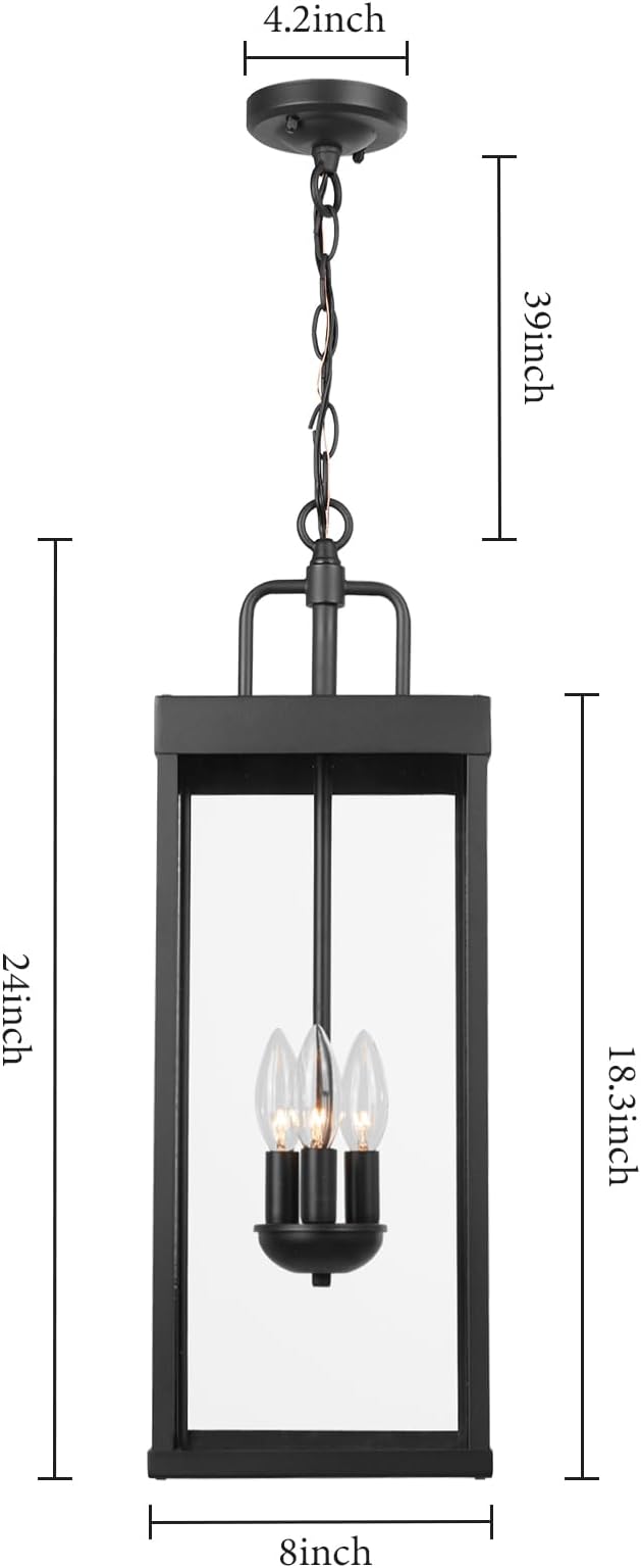 Large Outdoor Pendant Lantern Light Fixture for Front Porch, 24 Inch 3-Light Black Exterior Hanging Chandelier with Clear Glass, Outdoor Indoor Pendant Lamp for Patio, Gazebo, Entryway, Doorway-Ruum Studio Home
