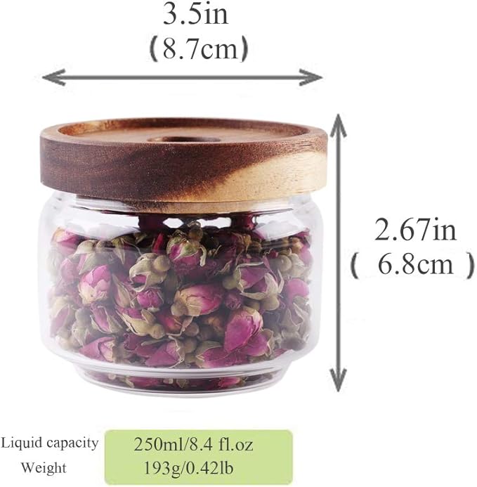 Glass Coffee Containers, 8.5 FL OZ/250 ml Kitchen Serving Food Storage Canister with Sealed Wooden Lid, BPA-Free Clear Glass Jar for Tea Leaves, Powder, Spice(3.06 inch)-Ruum Studio Home