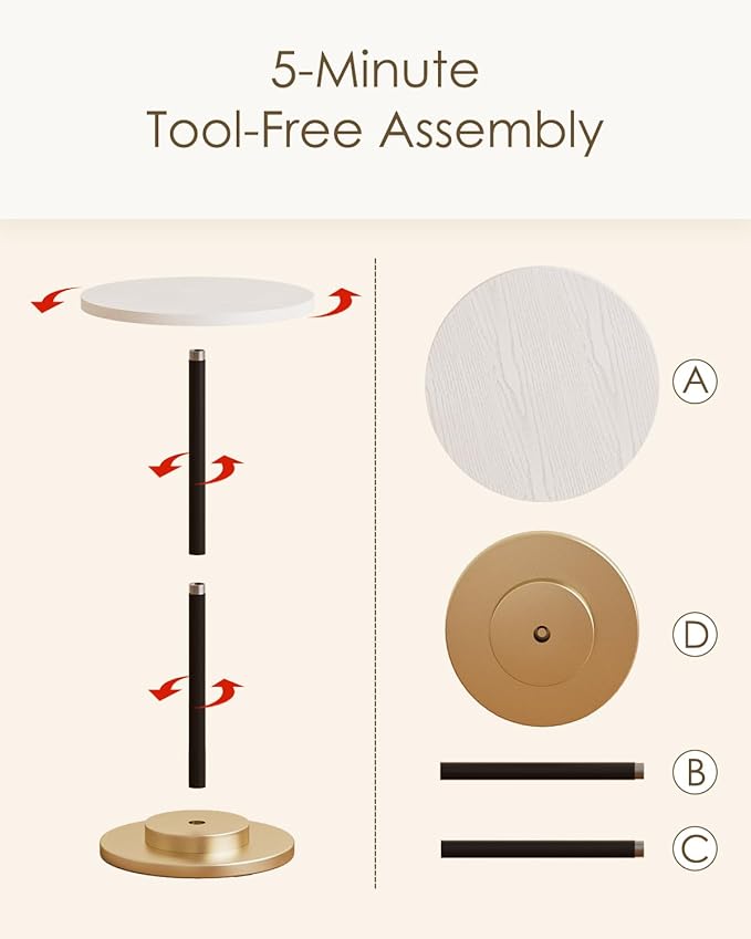 Masupu Drink Table, Round Side Table for Small Spaces, Pedestal Side Table, Small End Table with Metal Base, for Living Room, Bedroom, Bathroom, White-Ruum Studio Home