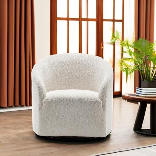 KINWELL 32" Wide Modern Boucle Swivel Barrel Chair, No Assembly Round Upholstered Swivel Accent Armchair for Living Room, Bedroom, Office (White)-Ruum Studio Home