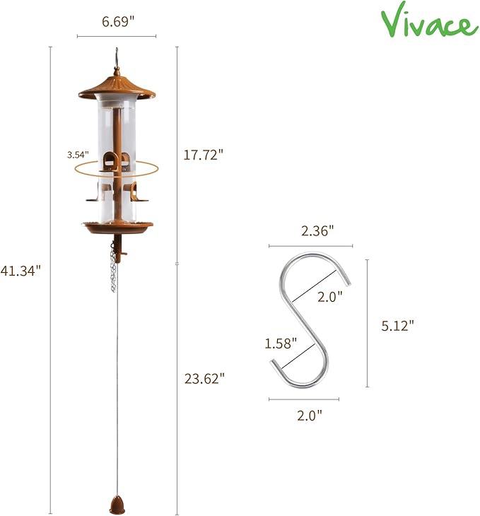 Vivace Hanging Bird Feeders, Easy to Fill 12" Tube Metal Bird Feeder for Outdoors, 4 Ports, with S Hook-Ruum Studio Home