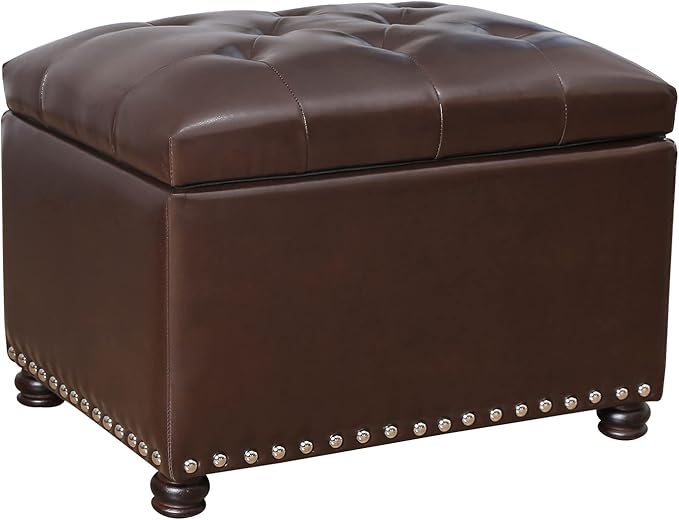 24'' Leather Storage Ottoman Rectangular Foot Rest Stool with Nailhead Trim for Bedroom Living Room(Dark Brown)-Ruum Studio Home