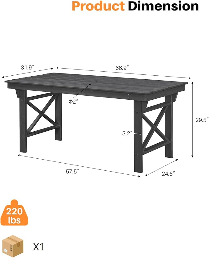 HDPE Outdoor Dining Table, 66.9” Rectangle Patio Dining Table for 6, All-Weather HDPE Outdoor Table with 2.2” Umbrella Hole, HDPE Patio Furniture for Deck, Backyard, Garden, Pool, Obsidian-Ruum Studio Home