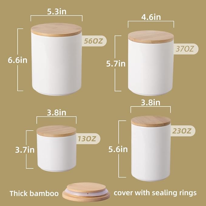 Sweejar Ceramic Kitchen Canister Sets, Porcelain Container for Countertop, Heavy Food Storage Jars with Airthight Seal Bamboo Lid, Servering for Sugar, Coffee Beans, Tea Leaves, Pack of 4（White）-Ruum Studio Home