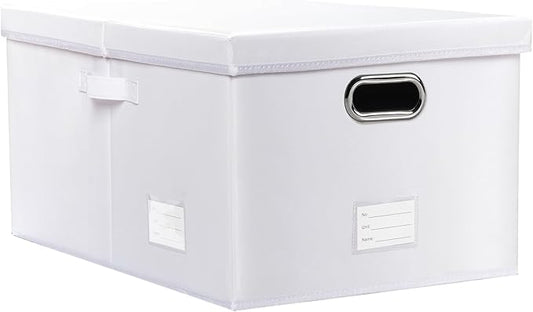 PRANDOM Collapsible Storage Box with Lid [1-Pack] Leather Fabric Foldable Storage Bin Organizer Container Basket Cube with Cover for Home Bedroom Closet Office Nursery White (22.8X15.7X11.8)-Ruum Studio Home