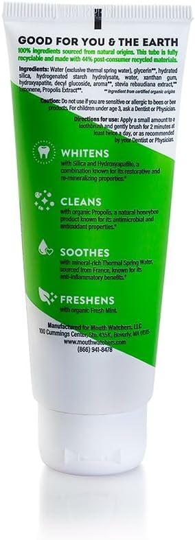 MOUTHWATCHERS Whitening Fluoride Free Naturally Sourced Toothpaste, 3 oz Tube, for Sensitive Teeth and Gums, Fresh Organic Mint and Propolis, by Dr. Plotka's-Ruum Studio Home