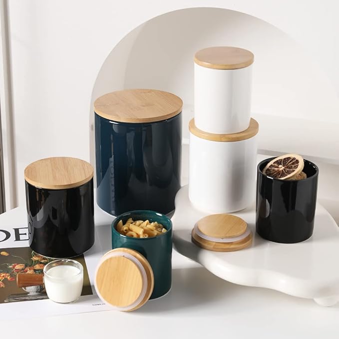 Sweejar Ceramic Canisters Set, Food Storage Jars with Airtight Seal Bamboo Lid, Stackable Containers for Kitchen Counter, Ground Coffee, Flour, Sugar, Cookie, Dog Treats, Candy, Pack of 4 (Jade)-Ruum Studio Home
