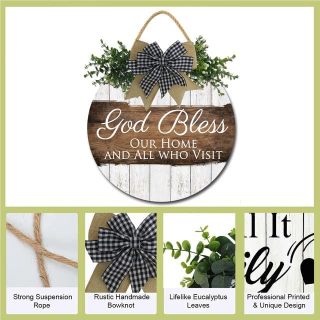FemiaD God Bless This Home and All Who Enter Sign for Front Door Funny Wreaths Hanging Wooden Plaque Decoration Round Rustic Wood Farmhouse Porch Decor for Home Front Door Decor 11inch-Ruum Studio Home