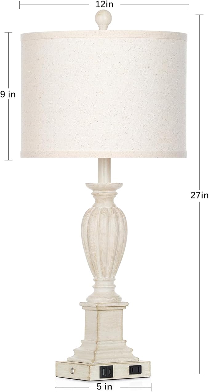27" Farmhouse 3 Way Dimmable Touch Table Lamp Set of 2 Rustic Classic Bedside Nightstand Wood Lamps for Living Room Bedroom with USB C+A Ports Washed White (2 Bulbs Included)-Ruum Studio Home