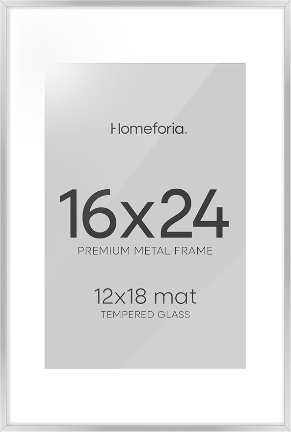 Homeforia 16x24 Silver Picture Frames, High End Metal 16x24 Poster Frame with Mat 12x18 in Photo, 16 x 24 Silver Frame Matted to 12 by 18 Print, 24x16 Hanging Frame, Tempered Glass, Wall Kit, Set of 1-Ruum Studio Home