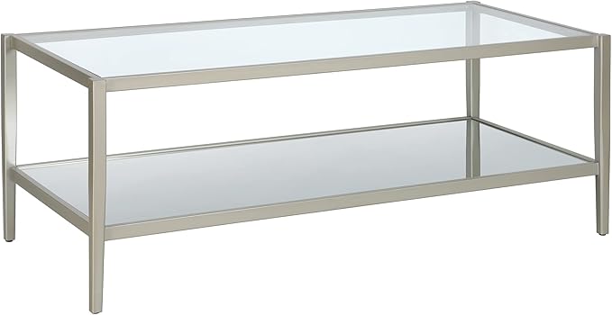 Henn&Hart 45" Wide Rectangular Coffee Table with Mirror Shelf in Satin Nickel, Coffee Table coffee tables for living room, studio apartment essentials-Ruum Studio Home