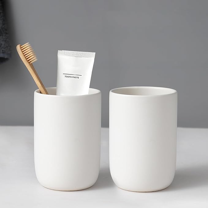 Toothbrush Holders for Bathrooms - 2 Cups Ceramic Toothbrush Toothpaste Holders Set, White Bathroom Tumbler Cups Reusable Toothbrush Mouthwash Cup, Bathroom Counter Organizer-Ruum Studio Home