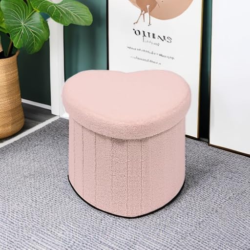 B FSOBEIIALEO Storage Ottoman Cube, Heart Shaped Ottomans with Storage Foot Stool Footrest for Lving Room, Boucle Ottoman Seat for Dorm Room,Faux Teddy Fur, Pink 15"x15"x15"-Ruum Studio Home