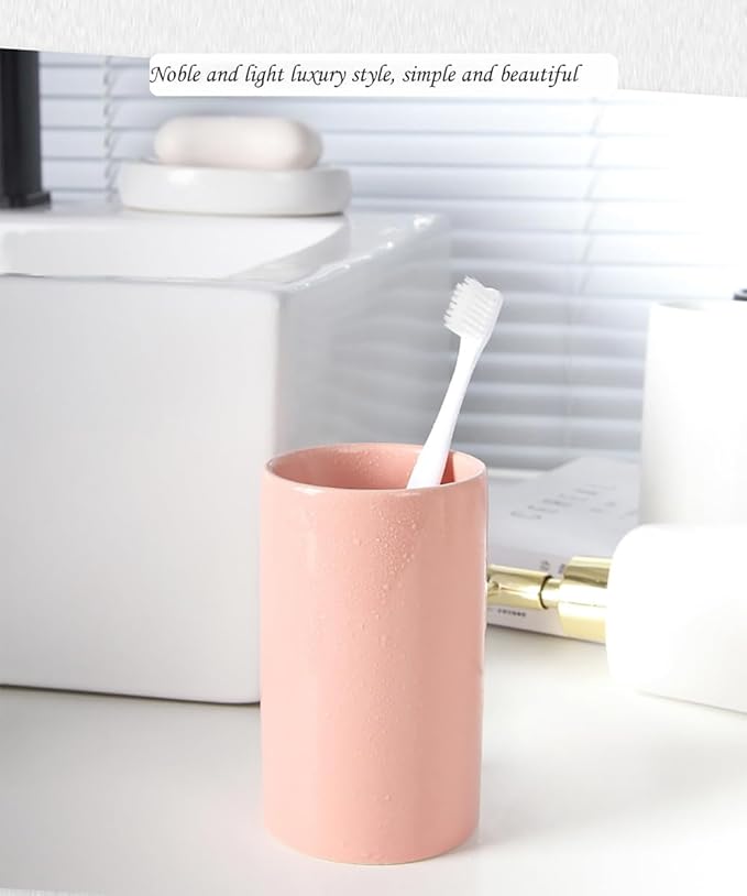 Pink Ceramic Toothbrush Holder, Tumbler Cups Reusable Toothbrush Mouthwash Cup,Makeup Brush Holder, Bathroom Counter Organizer(300ml)-Ruum Studio Home