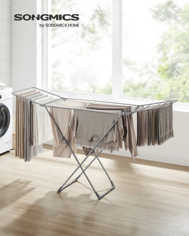 SONGMICS Clothes Drying Rack, Metal Laundry Drying Rack, Foldable, Space-Saving, Free-Standing Airer, with 2 Gullwings, Indoor Outdoor Use, Bed Linen Clothing, Gray ULLR540G01-Ruum Studio Home
