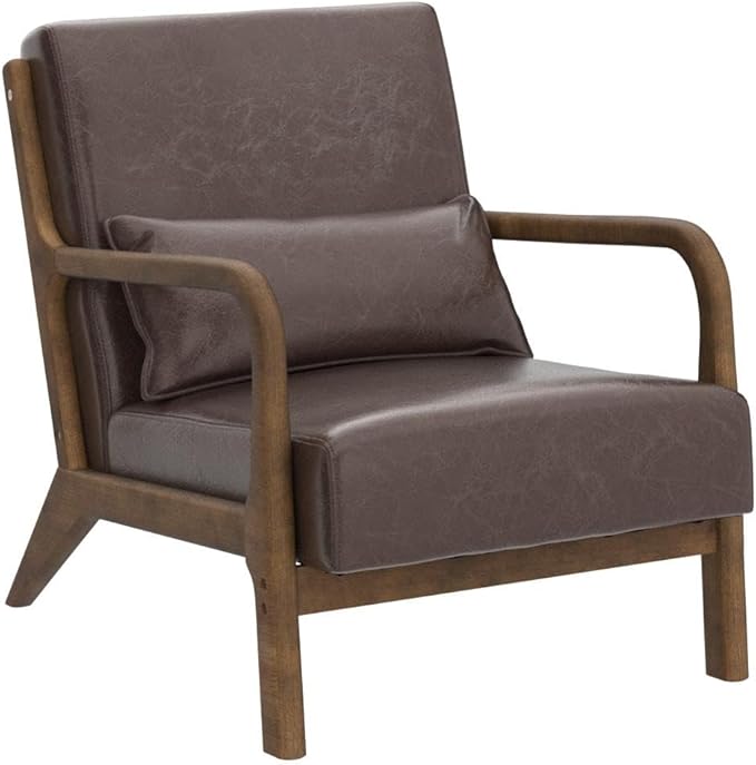 Glitzhome 30.75 "H Mid Century Coffee Accent Armchair, Single Reading Armchair PU Leather Lounge Chair with Walnut Ruberwood Frame-Ruum Studio Home