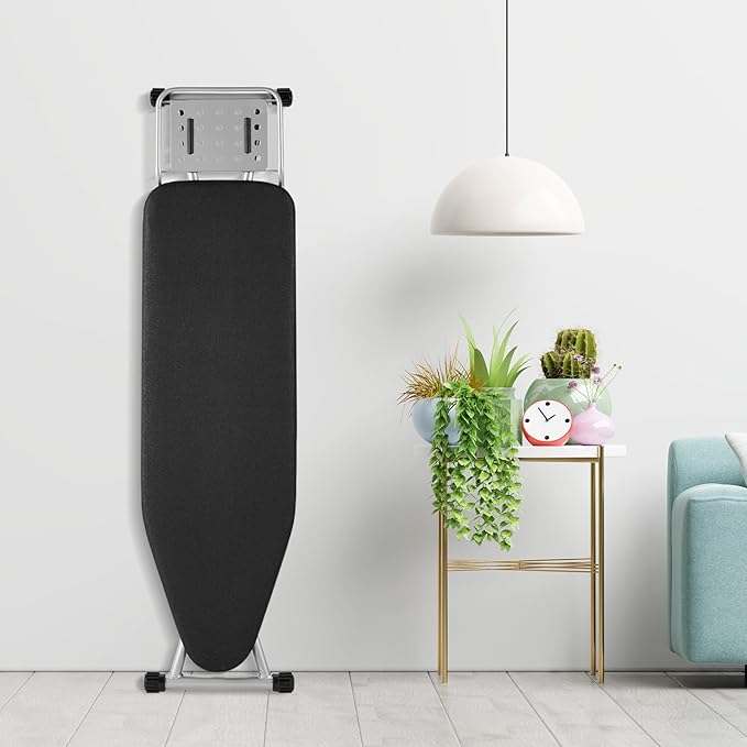 Ironing Board, Heat Resistant Cover Iron Board with Steam Rest, Non-Slip Foldable Ironing Stand. Heavy Sturdy Metal Frame Legs Iron Stand(13 * 34 * 53 Inches) (Silver Black)-Ruum Studio Home
