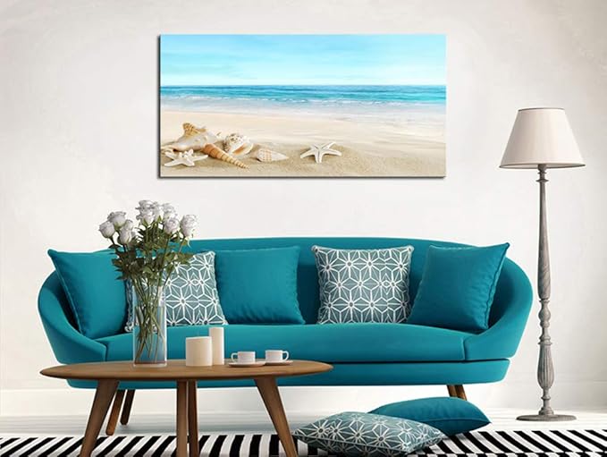DZL Art S73950 Beach Picture Decor Ocean Painting Canvas Wall Art Prints of Starfish and Seashell on Sandy Seaside Ready to Hang for Living Room Bedroom Office Wall Decor Home Decoration-Ruum Studio Home