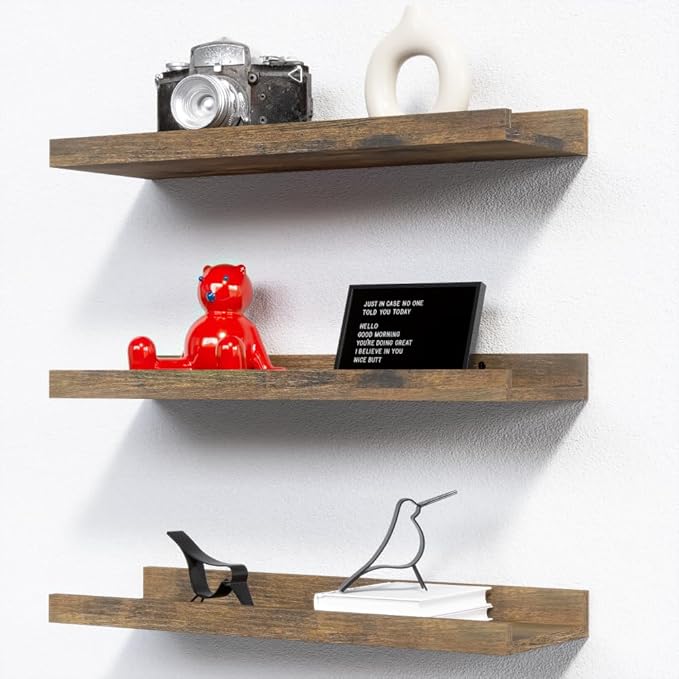 RICHER HOUSE 3 Set Floating Shelves for Wall Decor, Mounted Book Shelf, Nursery Picture Ledge With Lip for Storage, Bedroom, Living Room, Bathroom - Brown-Ruum Studio Home