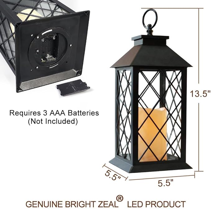 Bright Zeal 2-Pack 13.5" Vintage Candle Lantern with LED Pillar Candle (Black, 6hr Timer) - IP44 Waterproof Battery Powered Candle Lantern - Outdoor Patio Hanging Lantern Decorative Tabletop Lantern-Ruum Studio Home