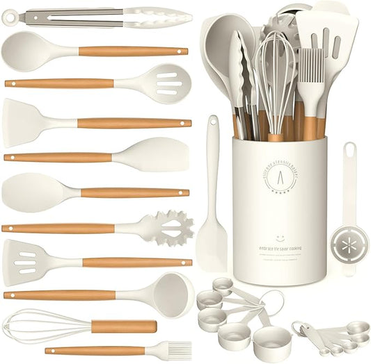 Silicone Cooking Utensils Set - Silicone Kitchen Utensils for Cooking Wooden Handles, 446°F Heat Resistant Kitchen Utensil Spatula Sets w Holder, Gadgets for Non-Stick Cookware BPA FREE (Cream White)-Ruum Studio Home