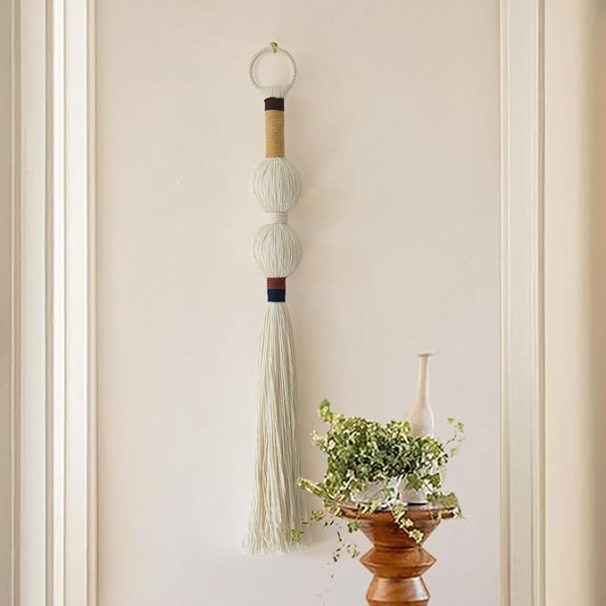 Macrame Wall Hanging Boho Decor Yarn Wall Art Small Sphericity Cotton Textile Tassel Hanging Fiber Art for Living Room Bedroom 27'' L x 2.3'' W-Ruum Studio Home