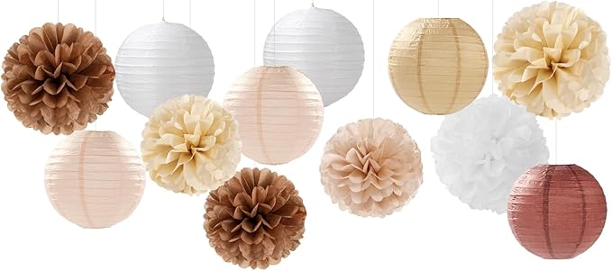Boho Rustic Wedding Party-Decorations Paper Flowers Lanterns - 15PCS Fall Baby Shower Gender Neutral Streamers,Brown Champagne White Tissue Pom Poms,Autumn Birthday Bridal Decor Hugfond-Ruum Studio Home