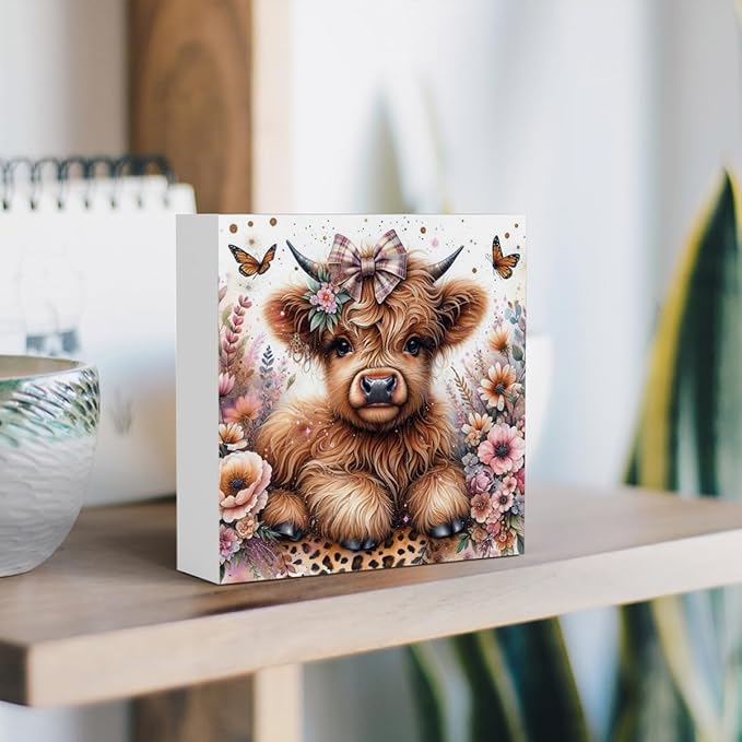Highland Cow Baby Decor, Highland Cow Decor, Highland Cow Gifts for women, Highland Cow Nursery Decor, Gifts for Girls, Wooden Box Decor Sign for Home Farmhouse Office Living Room Table Shelf Tiered-Ruum Studio Home