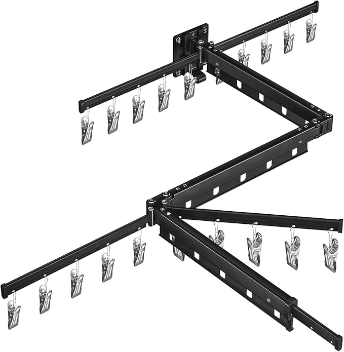 BESy Tri-Fold Foldable Clothes Drying Rack Retractable Hanging Collapsible Dryer Hanger Racks for Laundry Balcony Bathroom Space Saver Outdoor Indoor 20 Clips Aluminum Alloy Wall Mounted Matte Black-Ruum Studio Home