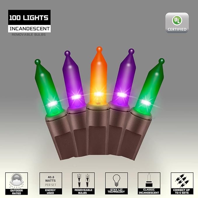 100LIGHTS Orange Purple and Green Extra-Bright with End Connectors Halloween Decorative Lights 5.98m UL Certified Mini String Light Set Waterproof for Halloween Home Garden Tree Party Patio-Ruum Studio Home