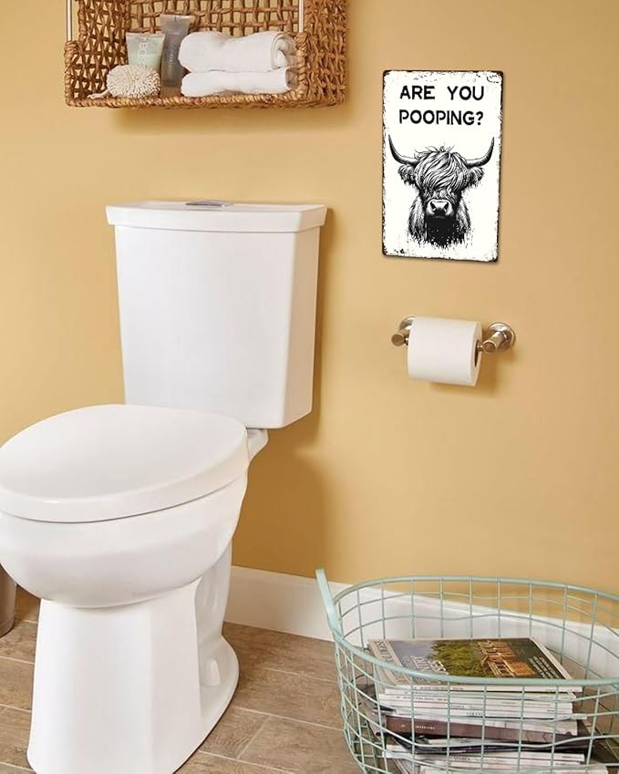 ALKB Funny Highland Cow Are You Pooping Metal Signs Vintage Farmhouse Bathroom Wall Decor Highland Cow Lovers Gift 8 x 12 Inch-Ruum Studio Home