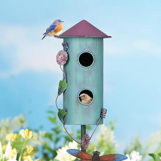 BAYN 57” Bird Houses Stake for Outside, Metal Wild Bird Feeder Double-Hole Birdhouse Stake with Cylinders Design Outdoor Decorations for Patio, Backyard, Garden-Ruum Studio Home