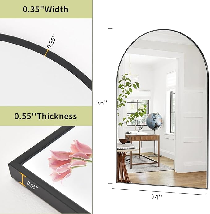 BEAUTYPEAK 24"x36" Arch Bathroom Mirror, Wall Mounted Vanity Metal Frame Mirror for Bedroom, Entryway, Living Room, Black-Ruum Studio Home