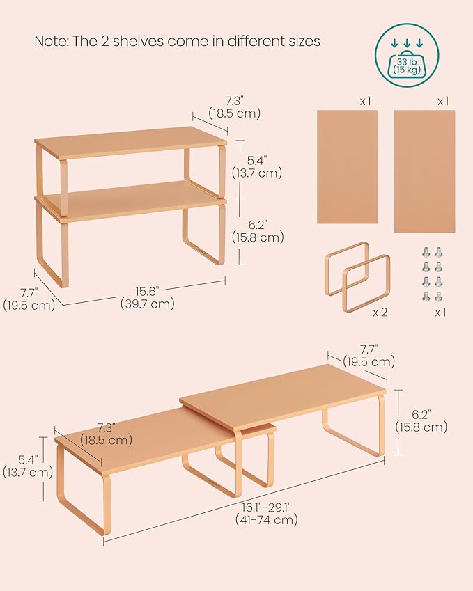 SONGMICS Cabinet Organizer Shelf, Set of 2 Kitchen Counter Shelves, Kitchen Storage, Spice Rack, Stackable, Expandable, Metal and Engineered Wood, Apricot UKCS200Y01-Ruum Studio Home