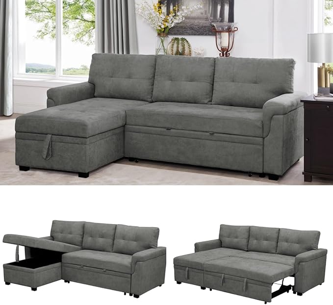 Naomi Home Transform Any Space: Sleeper Sectional Sofa with Convertible Sofa Bed & Inviting Chaise. Find Tranquil Comfort with Stress-Relieving Design & Durable Cushions - Gray/Velvet-Ruum Studio Home