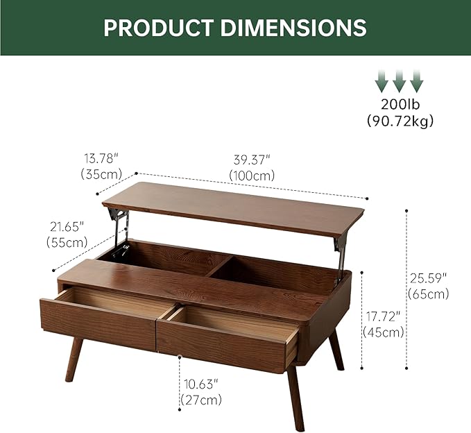 Solid Oak Wood Lift Top Coffee Table for Living Room, Mid Century Modern Tables with Drawers and Large Storage, Coffee Tables for Small Spaces (Oak Walnut Color, 39.37" W x 21.65" D x 25.59" H)-Ruum Studio Home