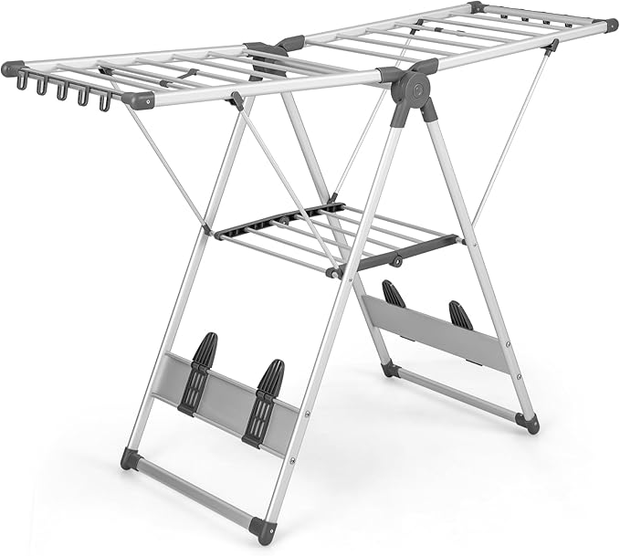 Giantex Clothes Drying Rack, 2-Layer Aluminum Foldable Laundry Drying Rack with 5-Level Adjustable Height, 21 Drying Rails, 10 Side Clips, 4 Shoe Holders, Space Saving Collapsible Laundry Drying Rack-Ruum Studio Home