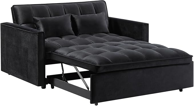 3 in 1 Convertible Sleeper Sofa Bed,Futon Loveseat Couch with Pull-Out Bed & Adjustable Backrest,Velvet Fabric Sofa with Side Pocket for Small Apartment, Living Room, Office (Black)-Ruum Studio Home