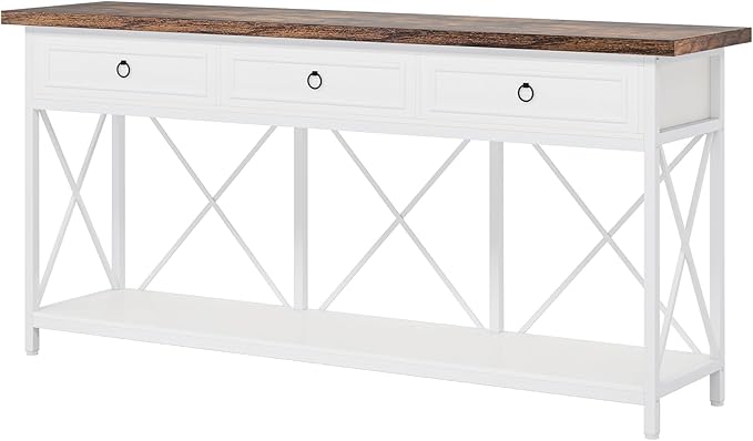 Tribesigns 70.8" Console Table with 3 Drawers, Farmhouse Entryway Table with Storage Shelf, Narrow Long Sofa Foyer Table for Entryway, Hallway (White/Brown)-Ruum Studio Home