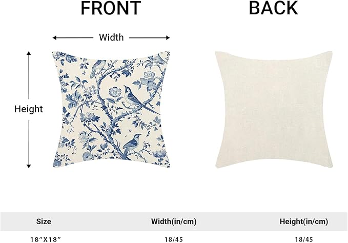 CXMEIFLY Spring Floral Pillow Covers 18 x 18 Inch Set of 2 for Navy Blue Chinoiserie Flowers Bird Decor Throw Pillows Vintage Plant Outdoor Decorative Cushion Cases for Couch Bed Decorations-Ruum Studio Home