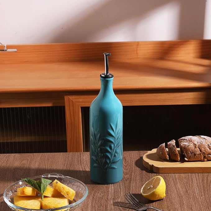 Sweejar Large Ceramic Olive Oil Dispenser Bottle, 24 Oz Relief Opaque Oil Cruet Protects Liquids, Set of 1 (Gradient Blue)-Ruum Studio Home