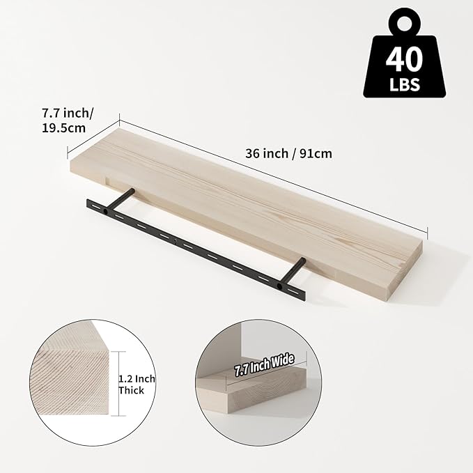 SAUMONIERES Floating Shelves 8 Inch Deep Solid Wood Wide Wall Shelf Set of 2 Wall Mounted for Bedroom Bathroom Living Room Kitchen, 36 Inch Natural-Ruum Studio Home