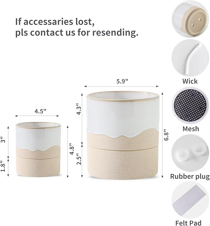 Nihow Self Watering Plant Pot for Indoor Plants: 4.5+6 Inch Ceramic Planter with Drainage Hole & Water Storage Plus - Cylinder Flower Pot with Wick for Herbs -White & Nature-Ruum Studio Home