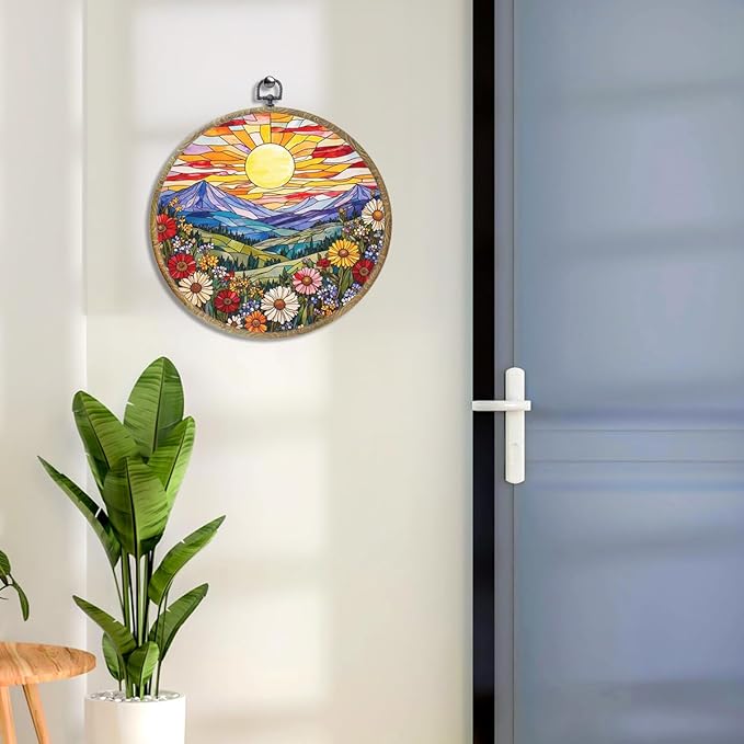 Wildflowers Sunset Flower Floral Garden Decor, Gift for Mom, Nature Lover Gift Framed Round Wall Decor Canvas Wall Art Hanging Prints Artwork for Home Living Room Office Decorations 10.2X10.2 Inch-Ruum Studio Home