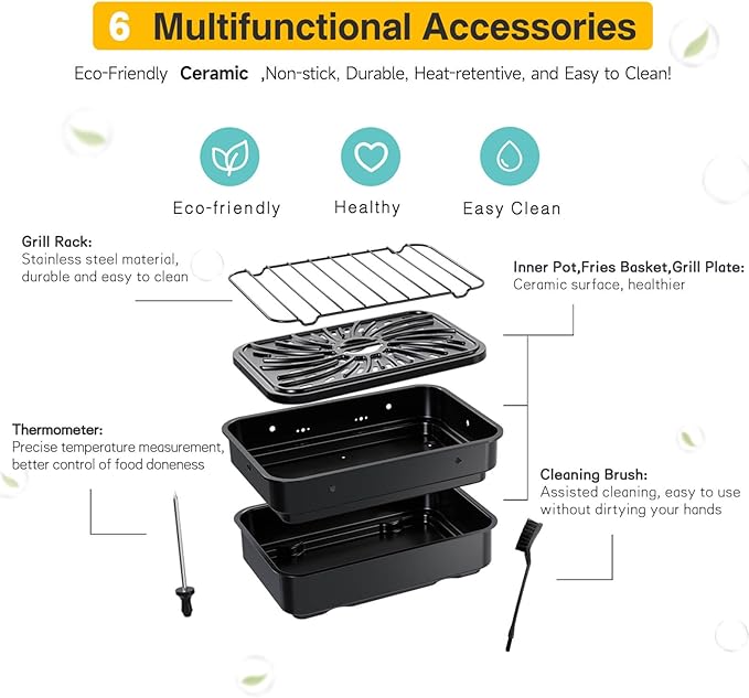 Indoor Grill and Air Fryer Combo with Ceramic Accessories, 7-IN-1 Digital Display, 5.2 QT Electric Smokeless, 500°F Max, Large View Window, Roast, Bake & Dehydrate, Adjustable Temps, Easy Clean-Ruum Studio Home