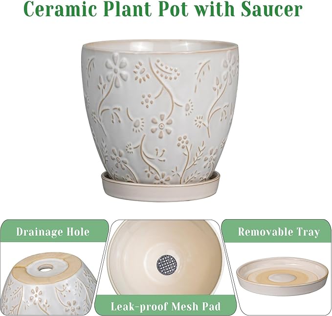 8 Inch Ceramic Pots for Plants Large Planter Pot with Drainage Hole and Saucer Round Flower Pot for Indoor Outdoor Decor, White-Ruum Studio Home