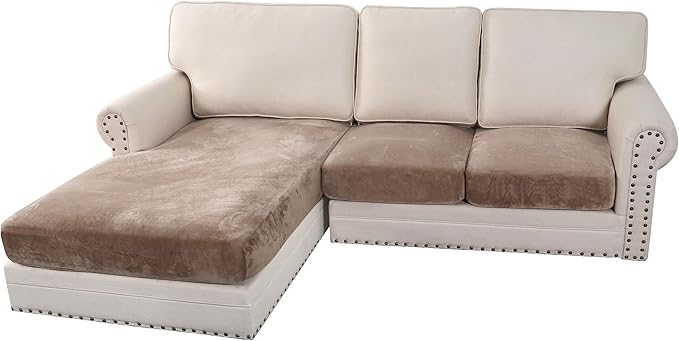 H.VERSAILTEX Velvet Stretch Sectional Couch Covers 3 Pieces Sofa Seat Cushion Covers L Shape Separate Cushion Couch Cover for Both Left/Right Sectional Couch (Large Sofa 2 Seater + 1 Chaise, Taupe)-Ruum Studio Home